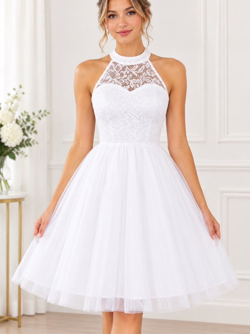 NWT Women’s White Halter Lace Mini Formal Dress Size Medium